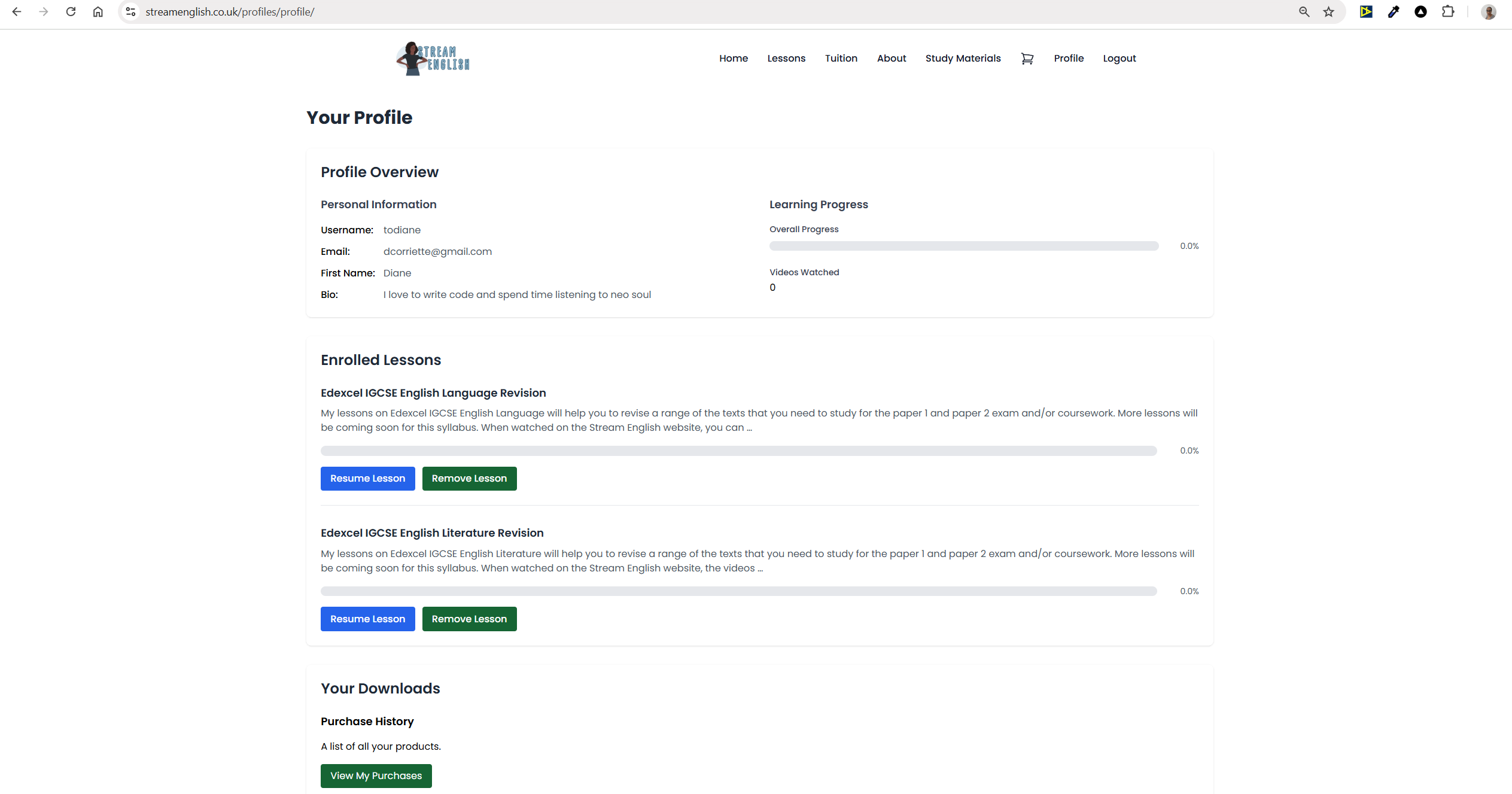 stream english profile page