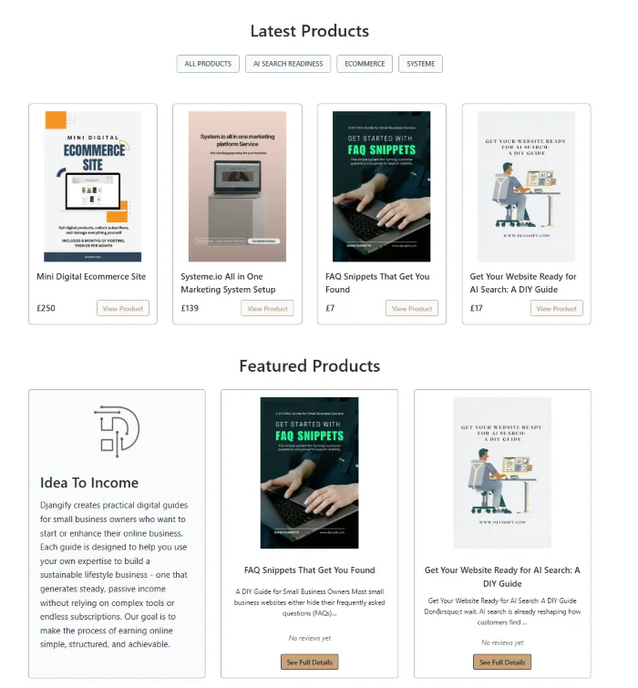 view of products on home page
